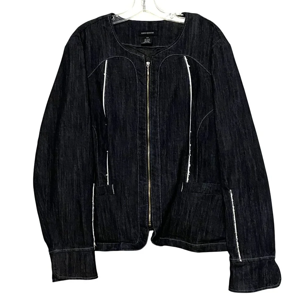 Ashley Stewart Jean Jacket 20W Blue Elevated Moto Style Front Zip Project Piece